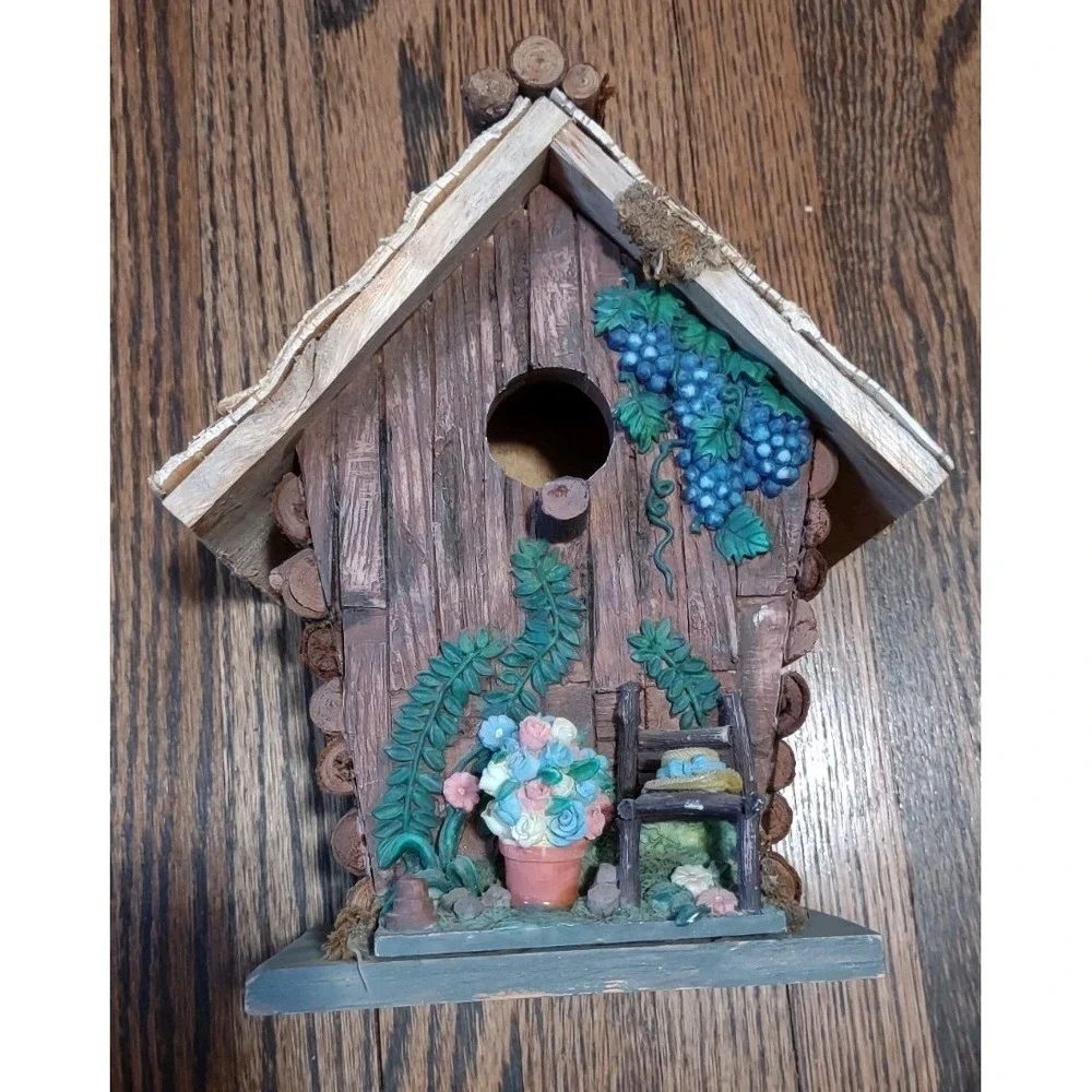Rustic Log Cabin Decorative Birdhouse Faux Birch Roof Goblincore Garden Decor
